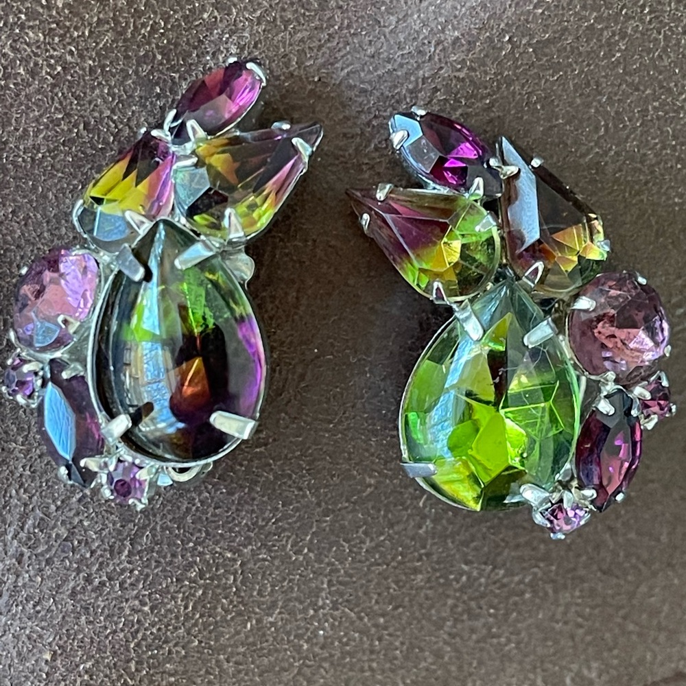 Color change Glass Purple Green Clip on Earrings